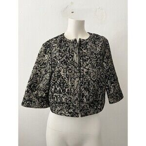 Georgiou floral Jacquard Jacket 10 Cropped 3/4 sleeve zip Black Gold Holiday NYE